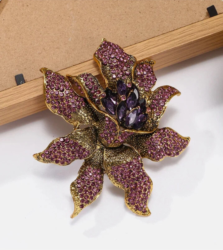 Unique Vintage Style Flower Leaf Purple Rhinestone Crystal Pendant Brooch Pin
