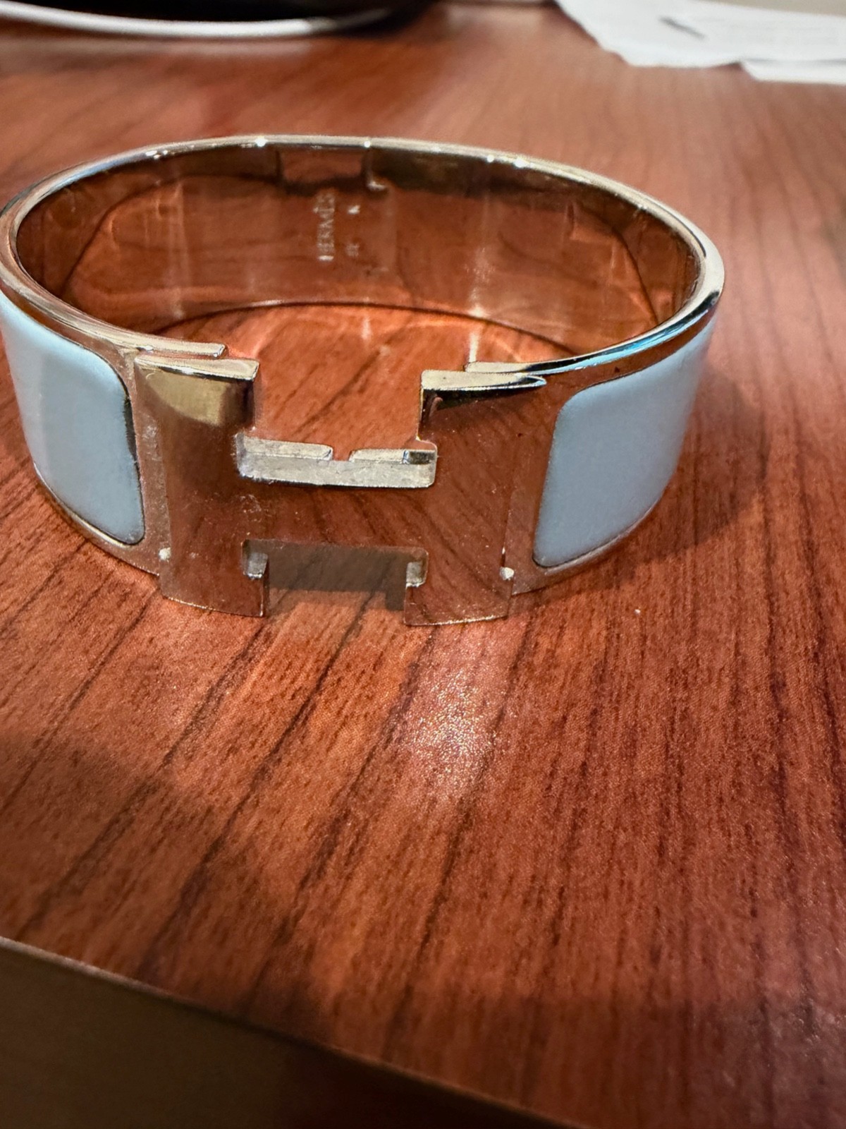 Hermes Click H silver bracelet with sky blue enamel