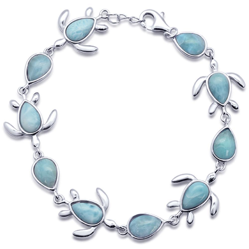 Natural Larimar Turtle Charm .925 Sterling Silver Bracelet 7.5″