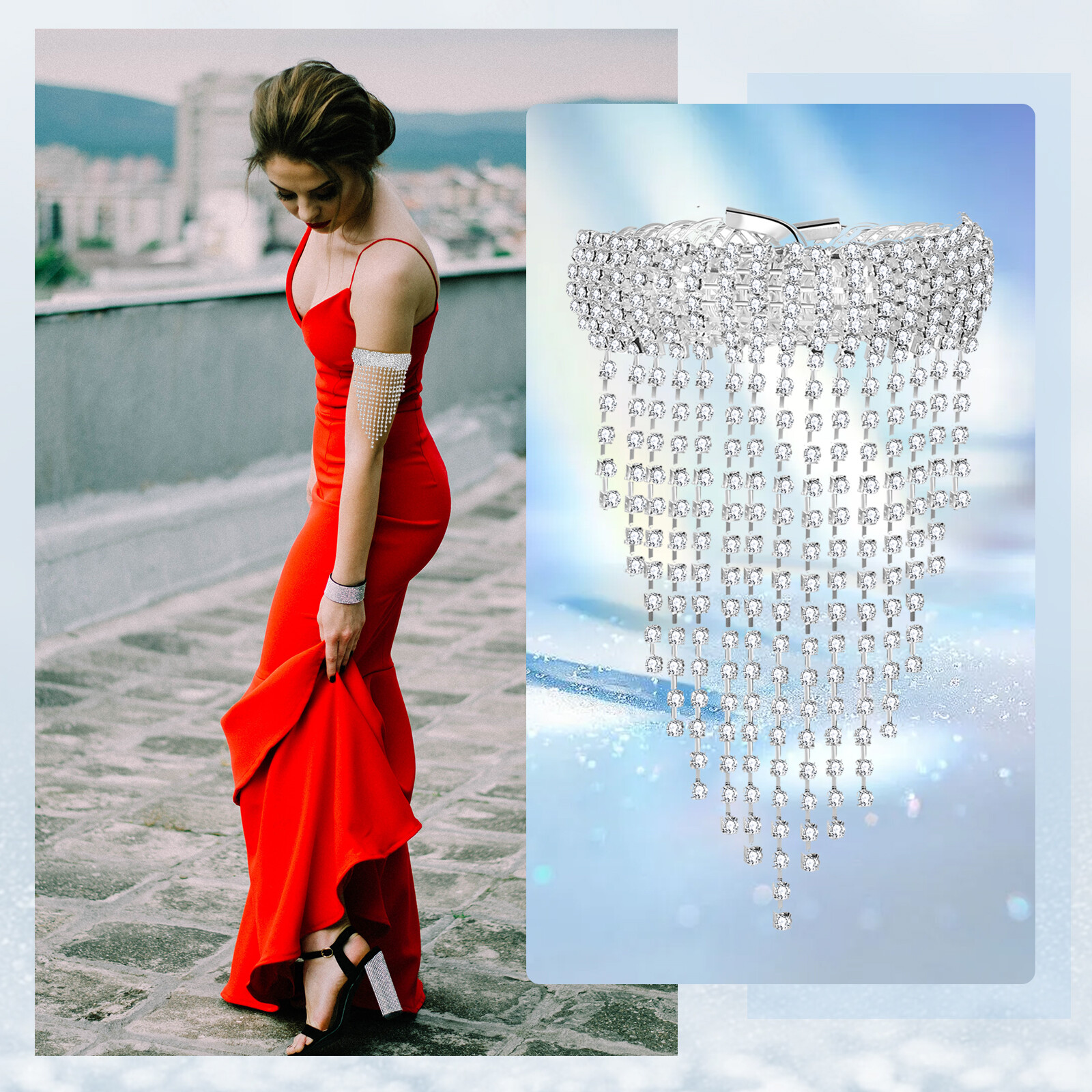 Womens Bling Rhinestone Tassel Upper Arm Elastic Bracelet Bridal Wedding Bangle
