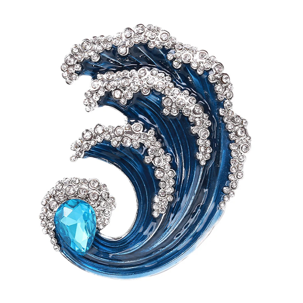Big Ocean Wave Brooch – Blue Crystal & Rhinestone Water Pin, Summer Jewelry Gift