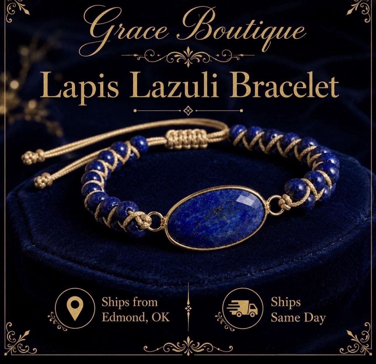 Grace Boutique Blue Lapis Lazuli Beaded Bolo Bracelet, Adjustable Oval Bezel