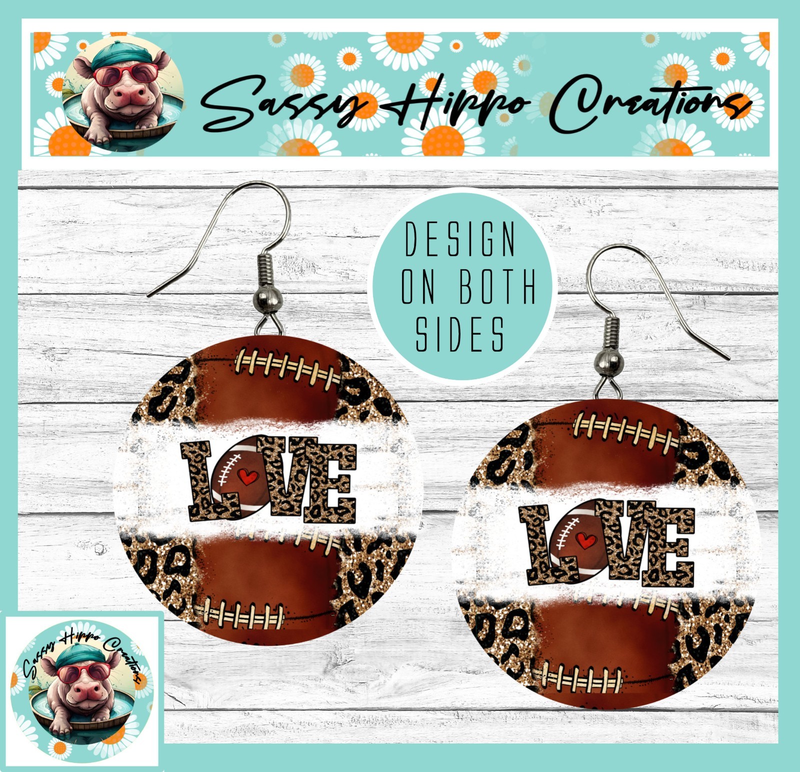 Earrings Round Silver Hook Backs Football Love Momma Mom Sports MDF Sublimated