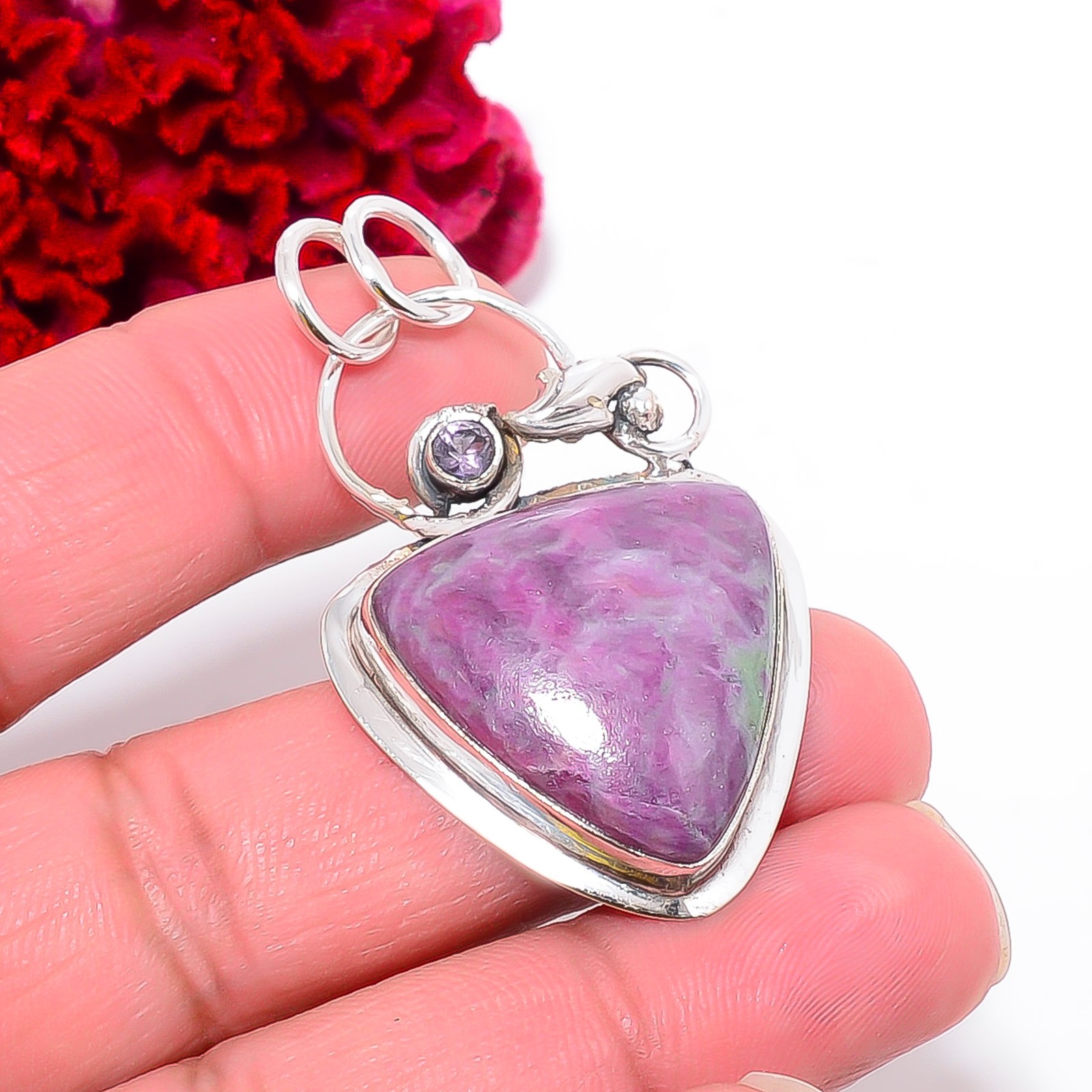 Natural Ruby With Zoisite & Green Amethyst 925 Silver Pendant 2.00″ P742