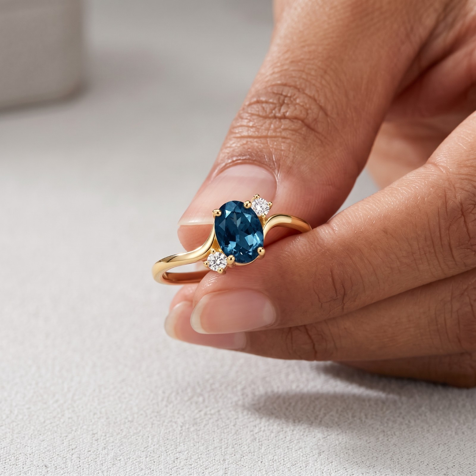 Natural London Blue Topaz Cluster Ring, 14k Yellow Gold Dainty Minimal Band Ring