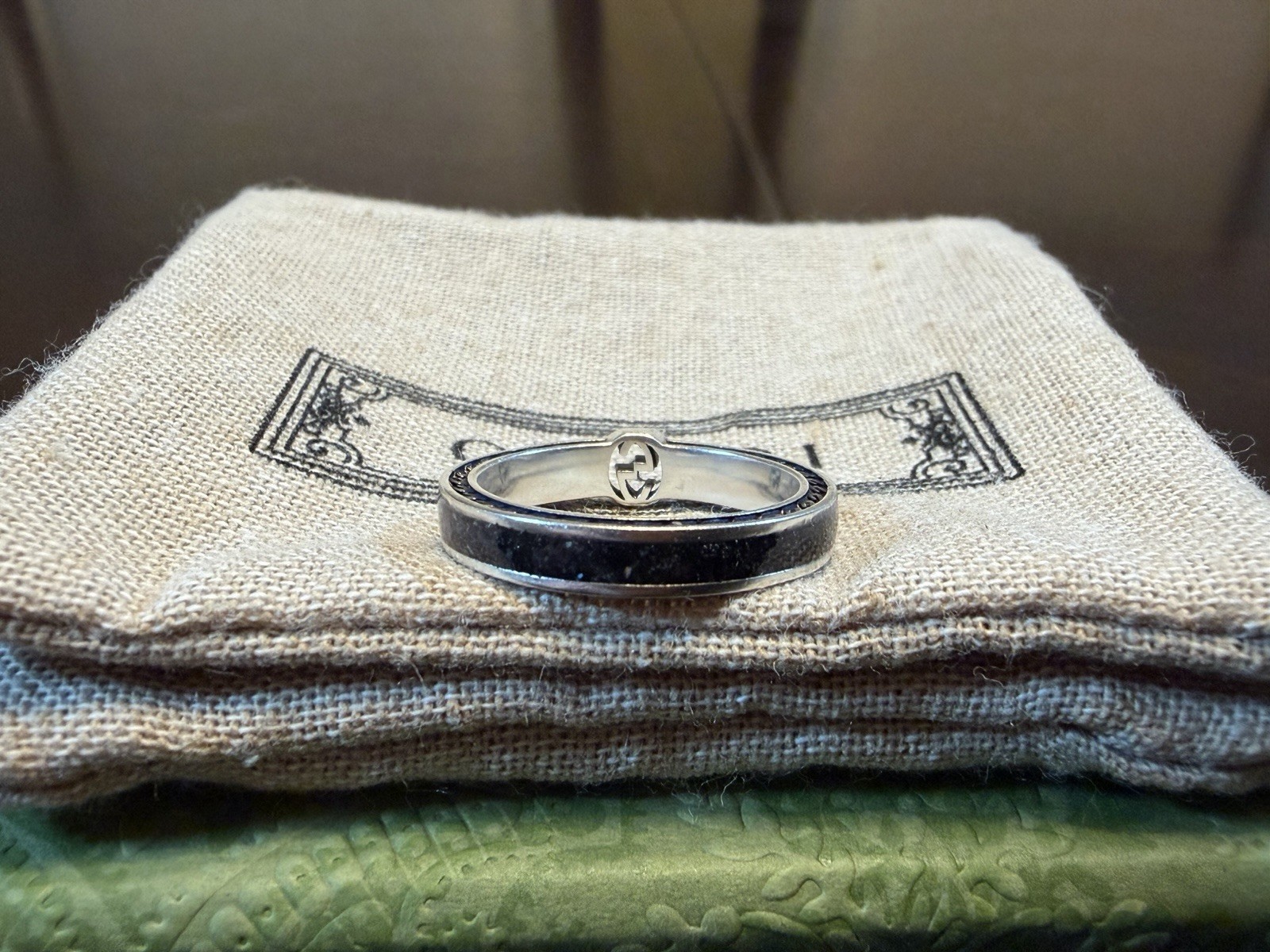 New Authentic Gucci GG Logo Silver Black Ring Size IT 17 / US 8