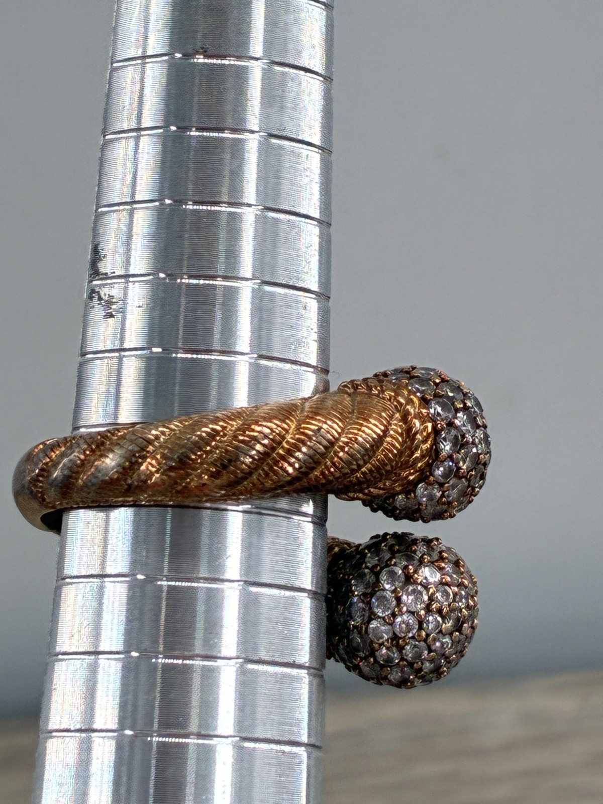 Vintage Judith Ripka Bypass Ring CZ Sphere Ball Tips Gold on Sterling Cable Band