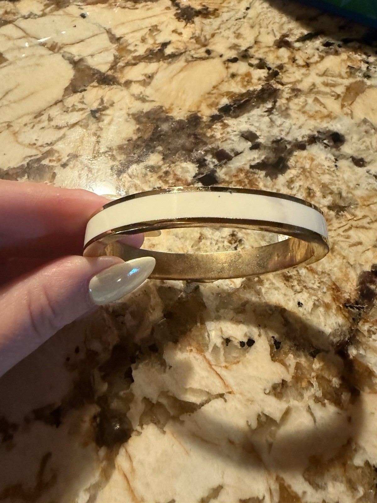 Coach Signed Gold Tone White Enamel Hinged Bangle Cuff Bracelet No Stone