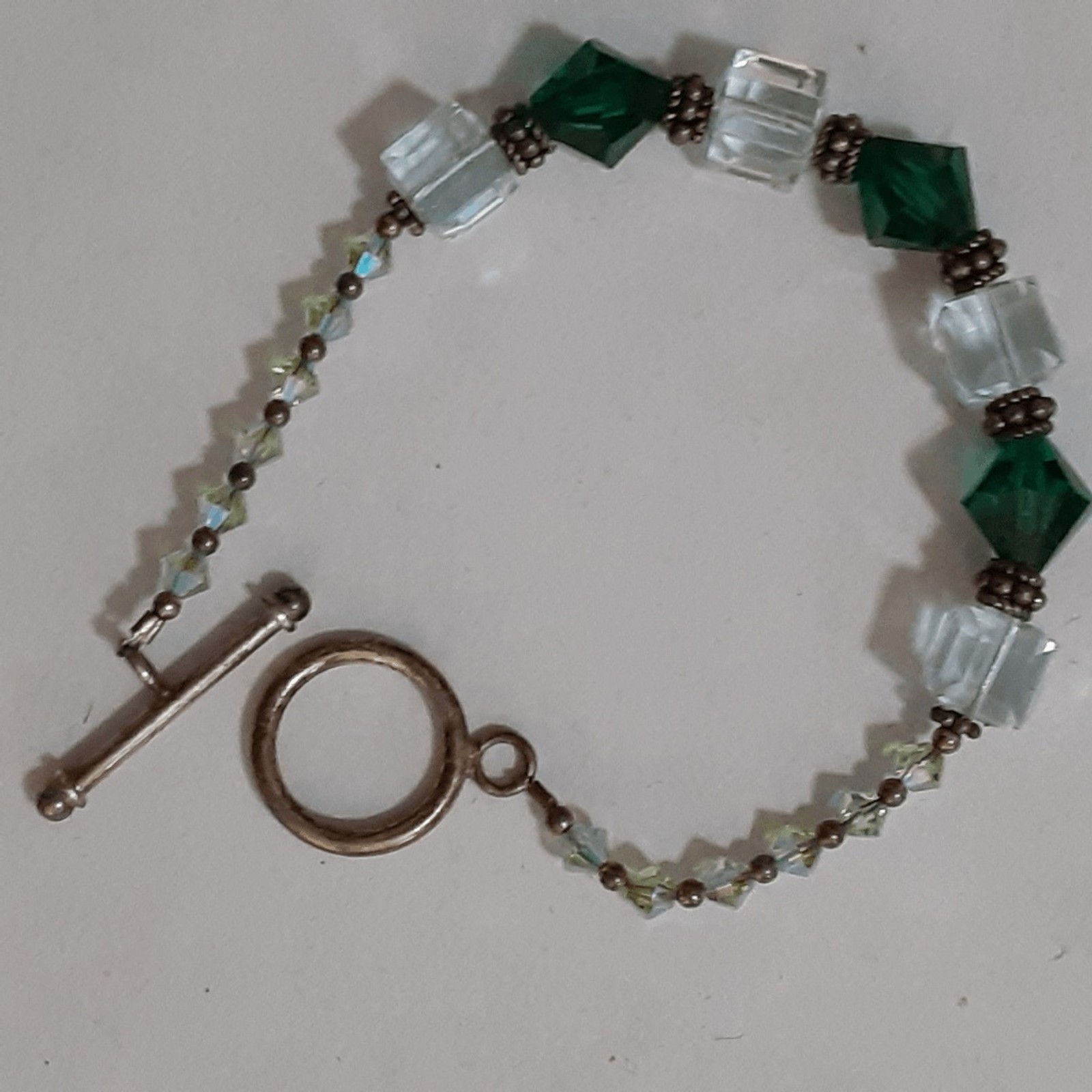 Crystal Beaded Bracelet Sterling Silver Toggle Green Clear Sparkly