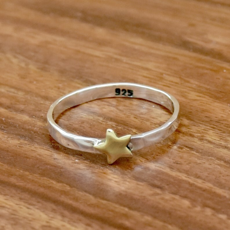 Sterling Silver Star Ring – 925 Silver Two-Tone Jewelry – Minimalist Gold Accent