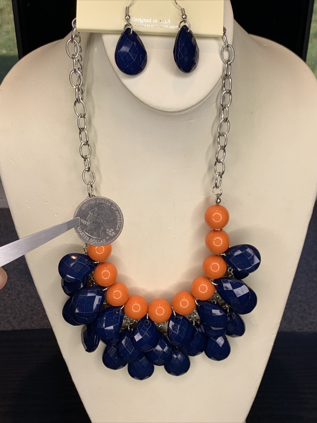 Blue And Orange Statement Bib Necklace Earrings Set Women’s Jewelry NWT B