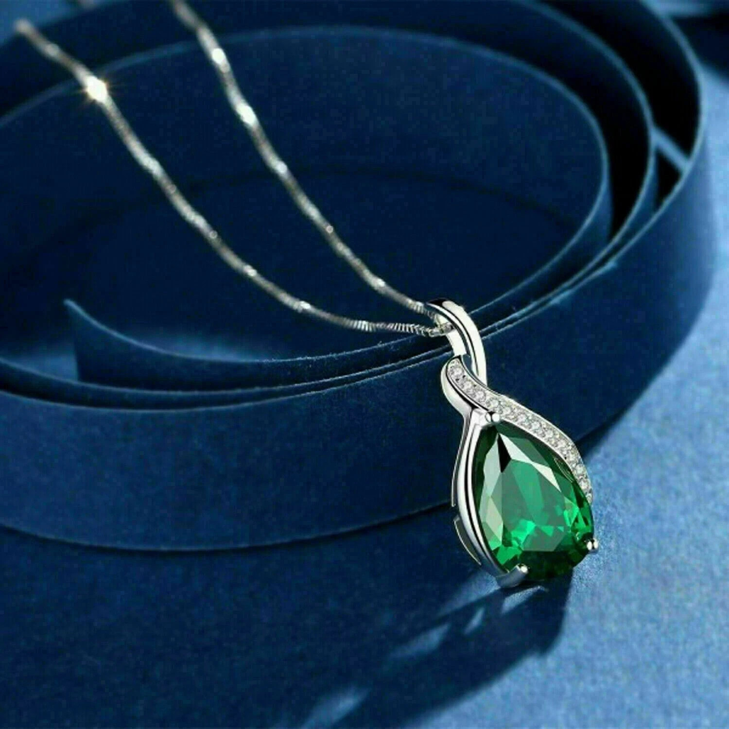 14k White Gold Plated 2.00Ct Pear Cut Simulated Green Emerald Pendant Necklace