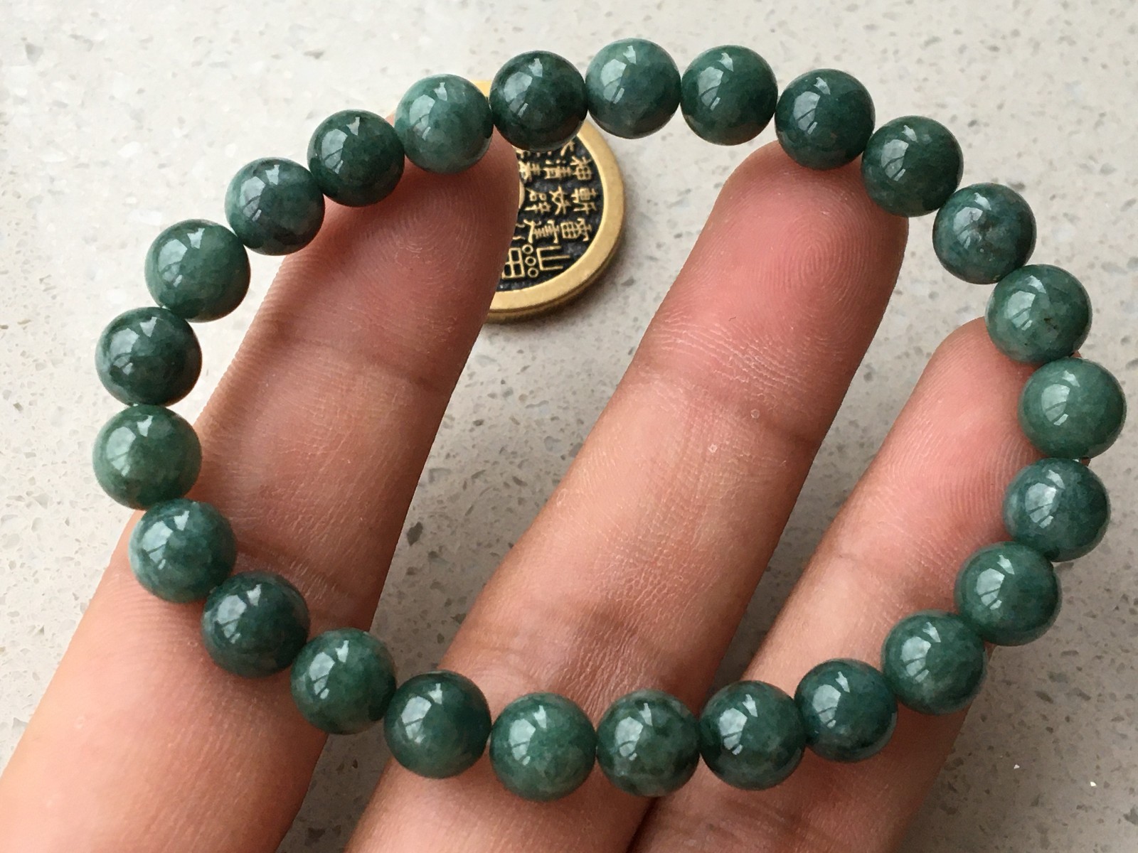7.8mm certified 100% Natural Burma jadeite carve luck Reiki beads Bracelet 6703