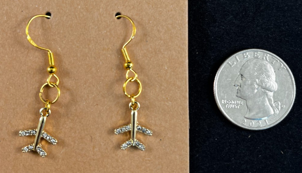 Gold Sparkly Airplane Earrings – Dangle – Travel – Gold Hooks – Handmade