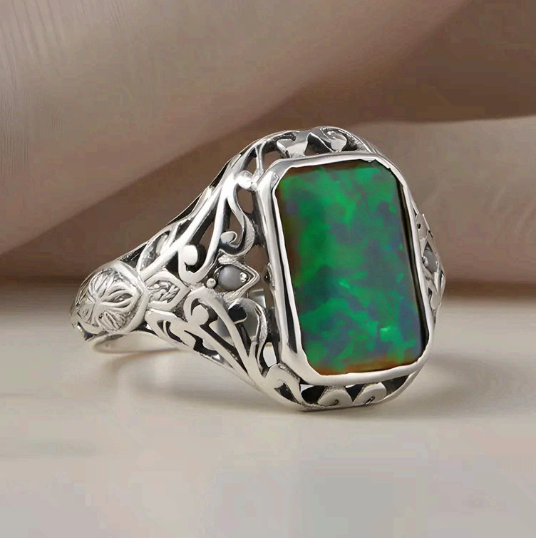 Stainless Steel Green Opal Statement Ring Filigree Band Handmad