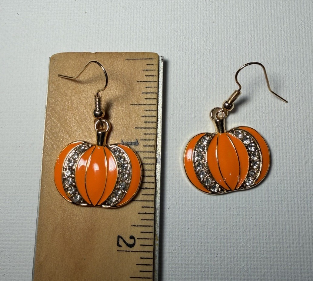 Orange Pumpkin Earrings Rhinestone Halloween Fall Dangle Lightweight