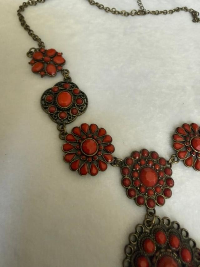 Orange Faux Coral Filigree Boho Statement Necklace 23″ + 3″ Extender