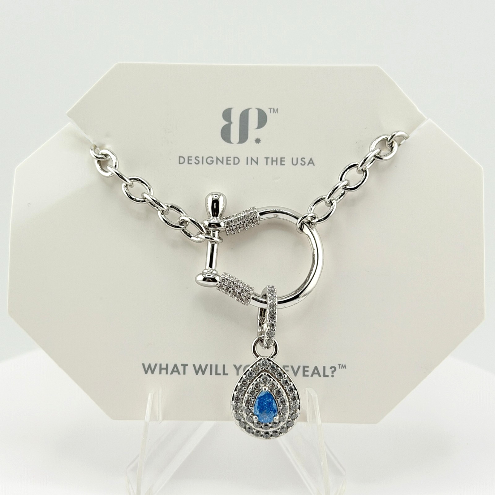 Bomb Party Necklace “The Pull Of Desire” Aqua Blue Ice Crystal on Rhodium