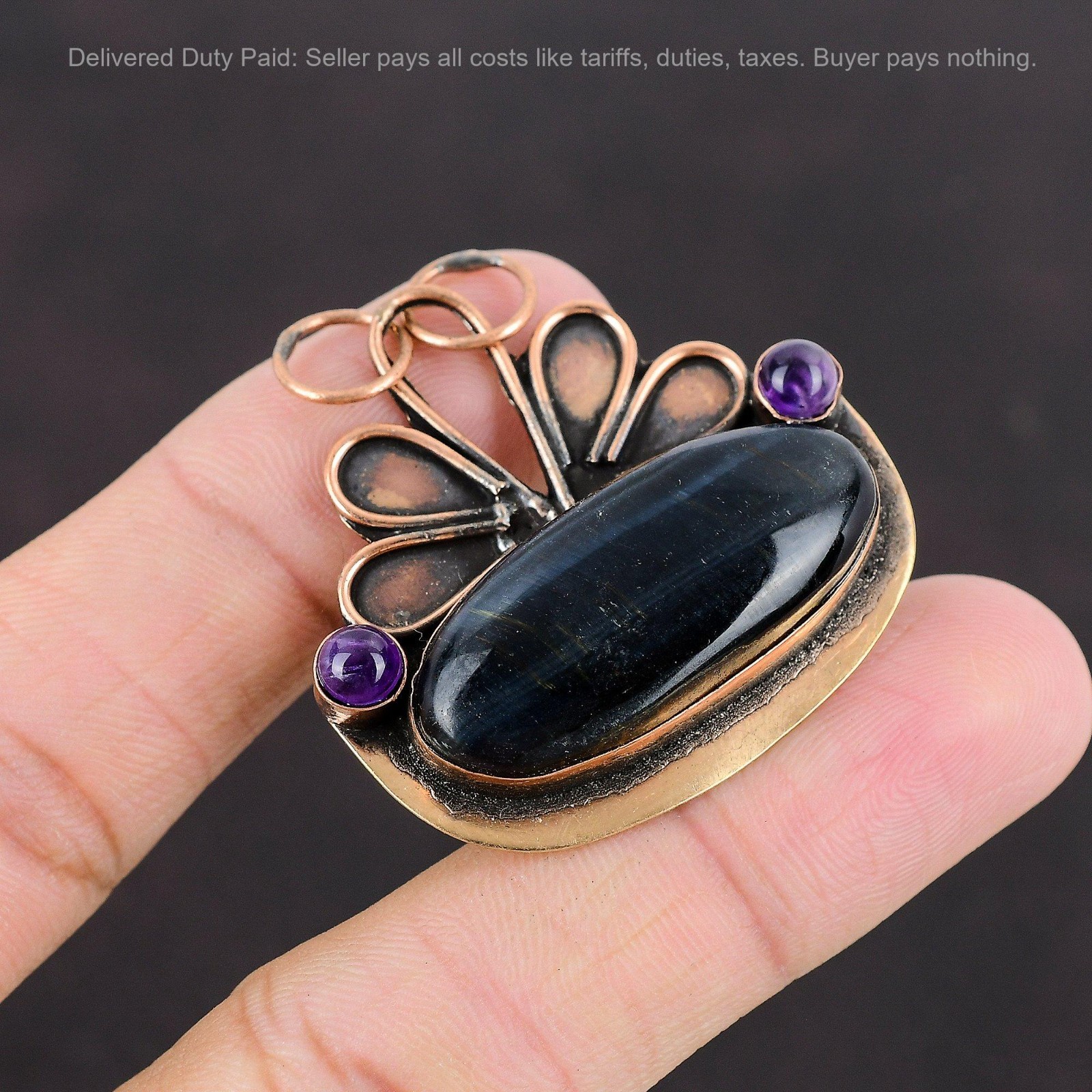 Natural Pietersite African Amethyst Copper Bezel Art Deco Unique Wedding Pendant