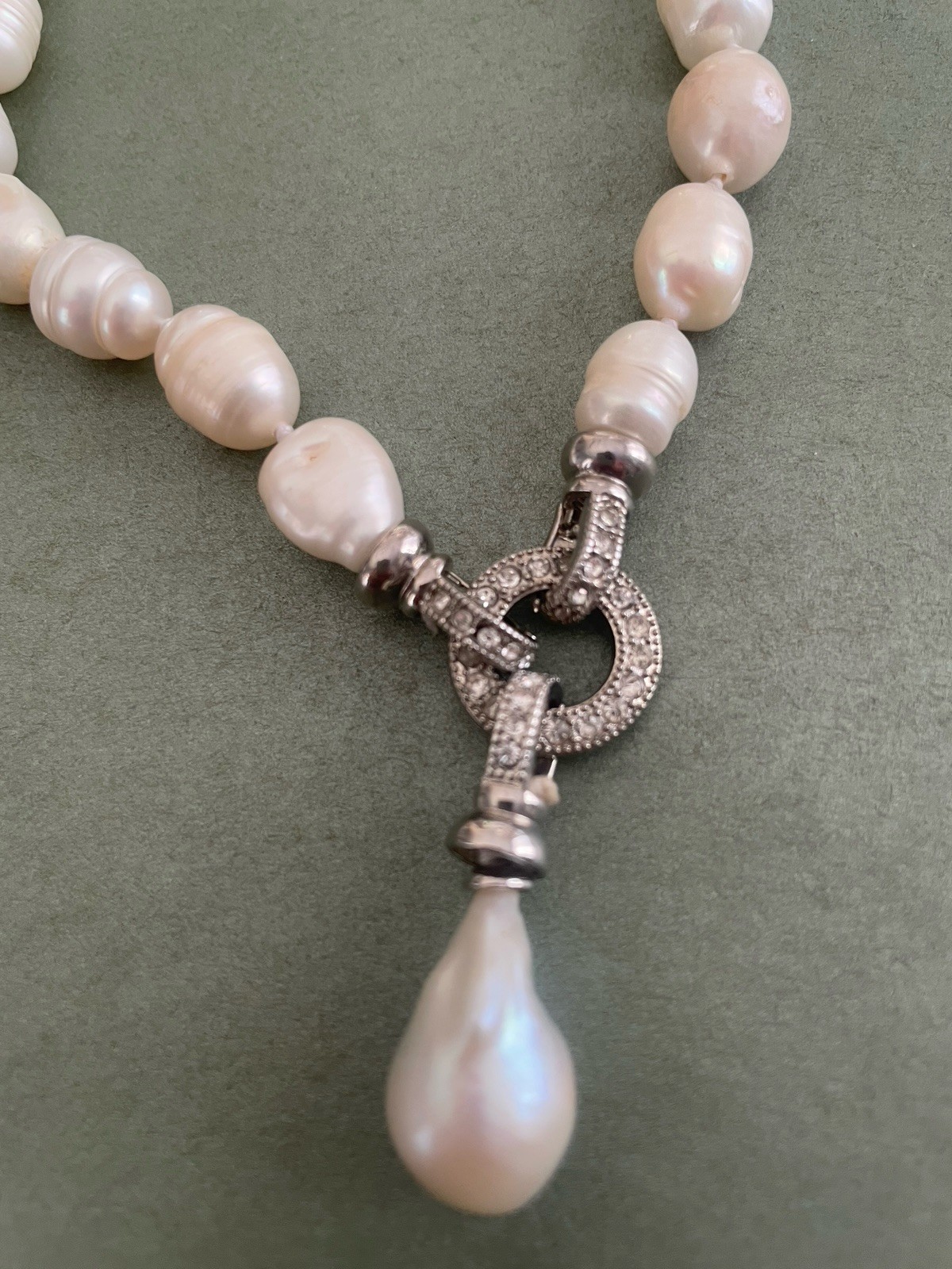 Baroque White Natural Pearl Lariat Necklace Removable Clasp Teardrop Pendant