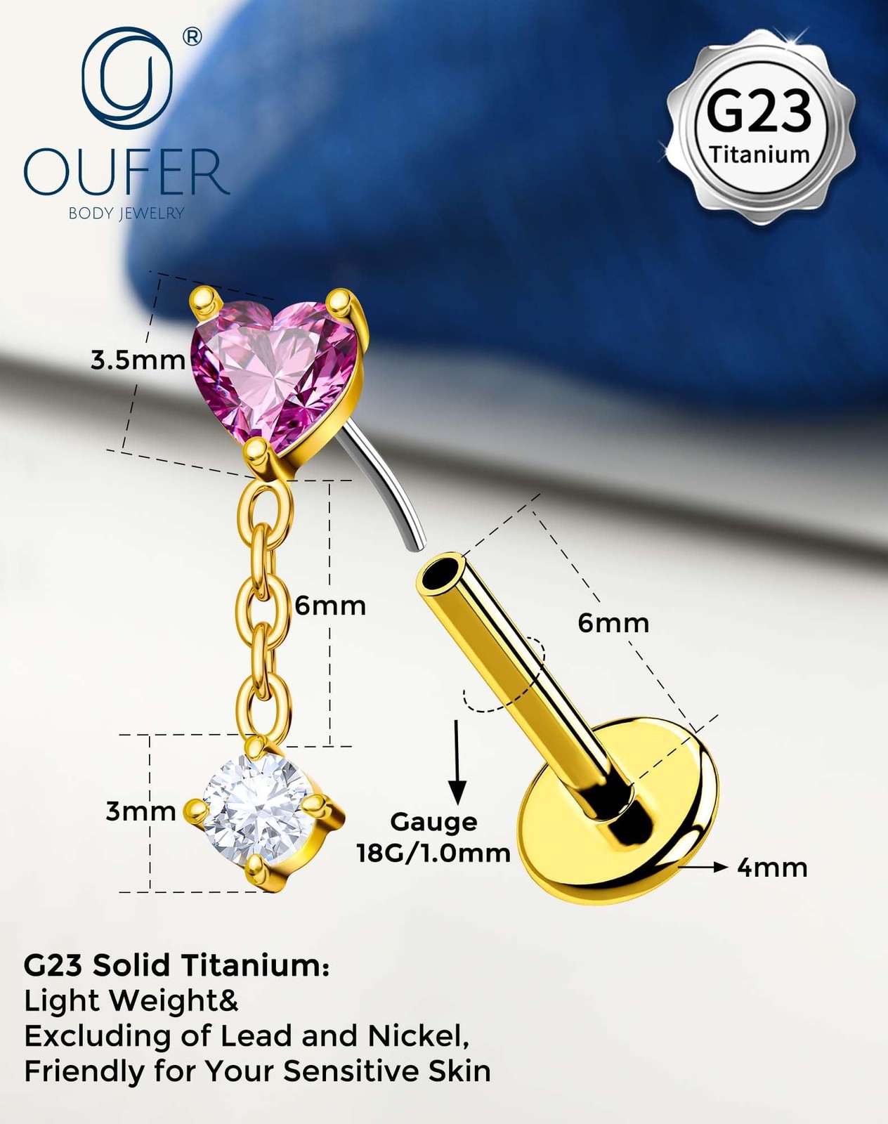 OUFER Body Piercing Titanium Dangle Forward Helix Earring 18G Heart 6mm, gold