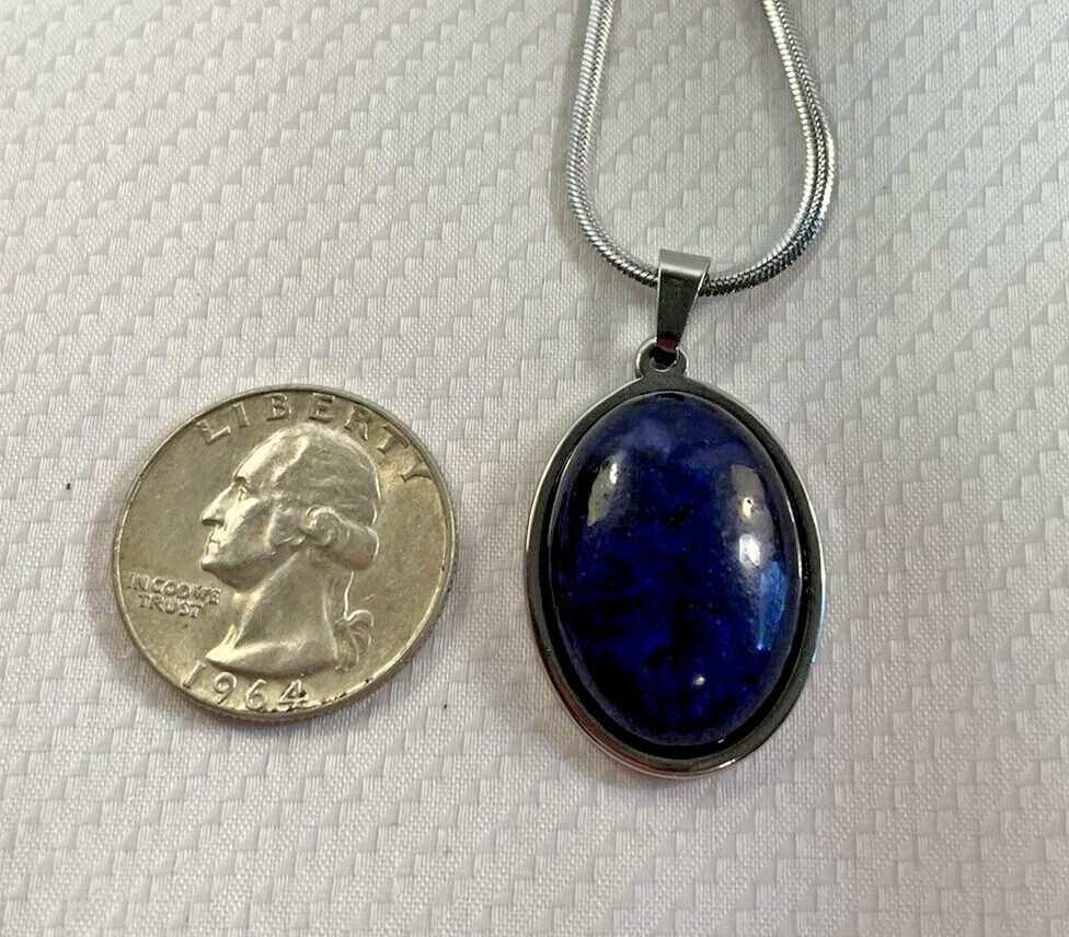 Lapis Lazuli Oval Natural Gemstone Necklace 20” Chain Stainless Wisdom NEW