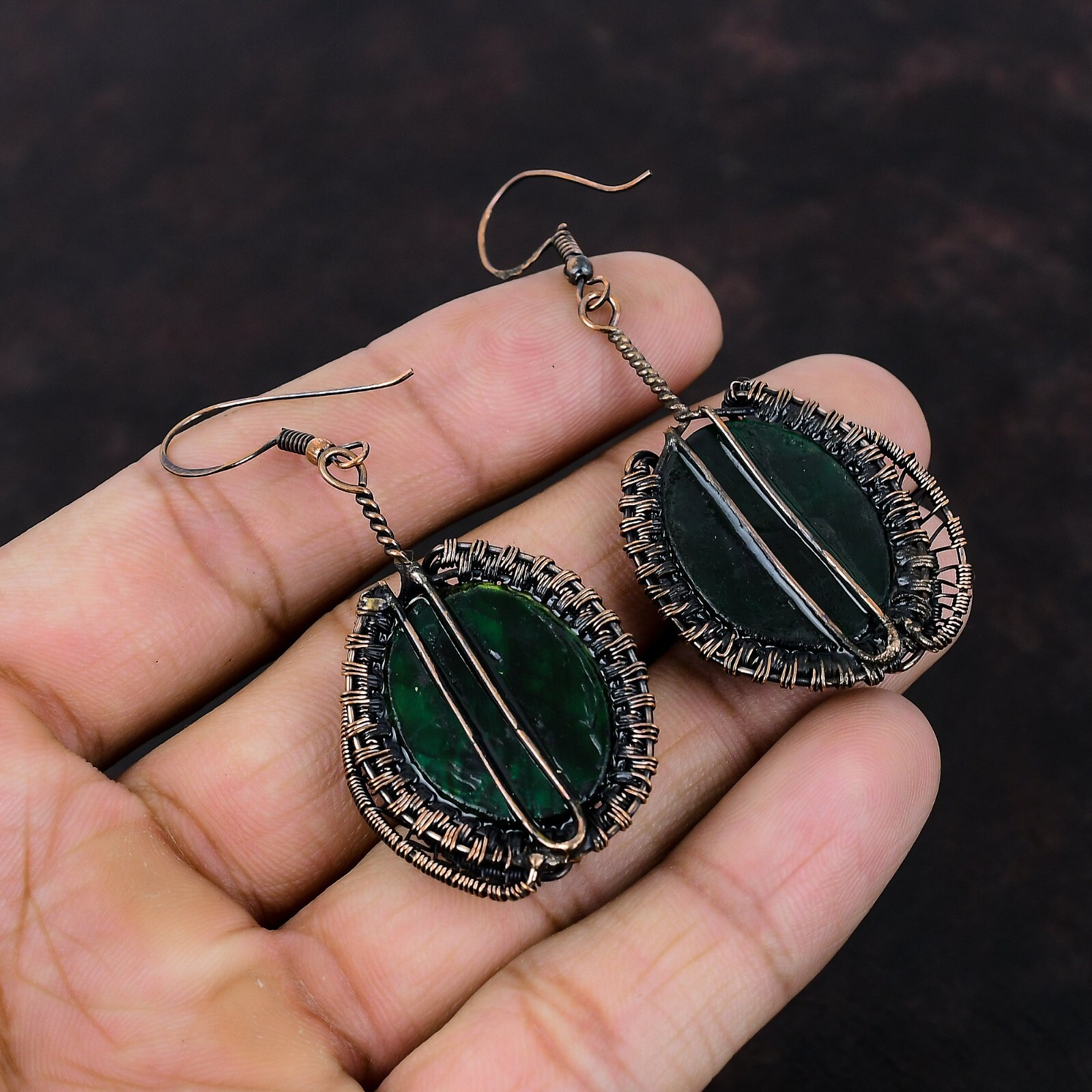 Green Fire Labradorite Copper Gift For Briedsmaid Wire Wrapped Earrings 2.76″