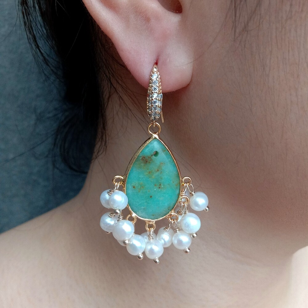 Natural Green Chrysoprase Cultured White Pearl Dangle Earrings