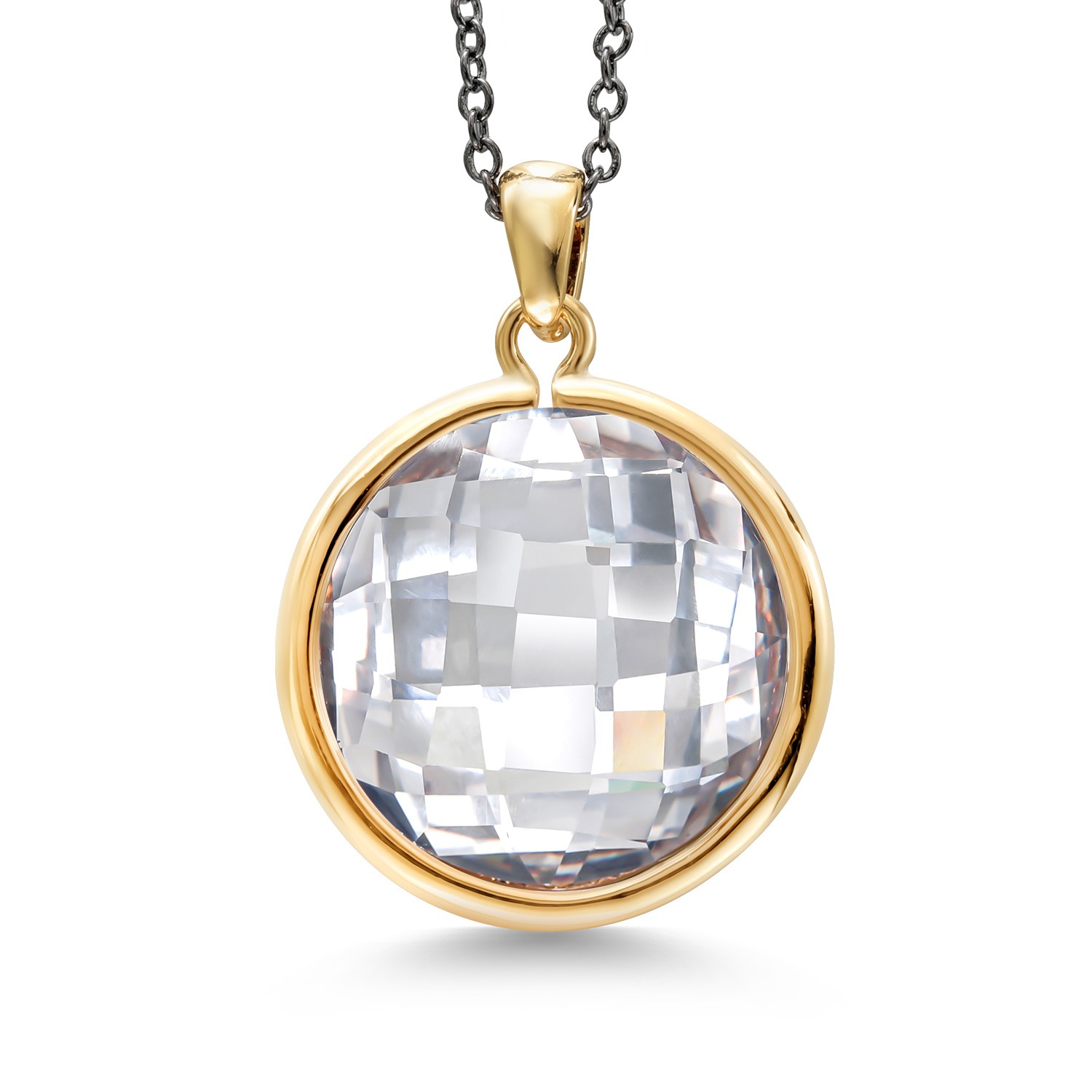 23MM White Clear Zirconia CZ Yellow Bezel Pendant Necklace with 16 Inch Chain +
