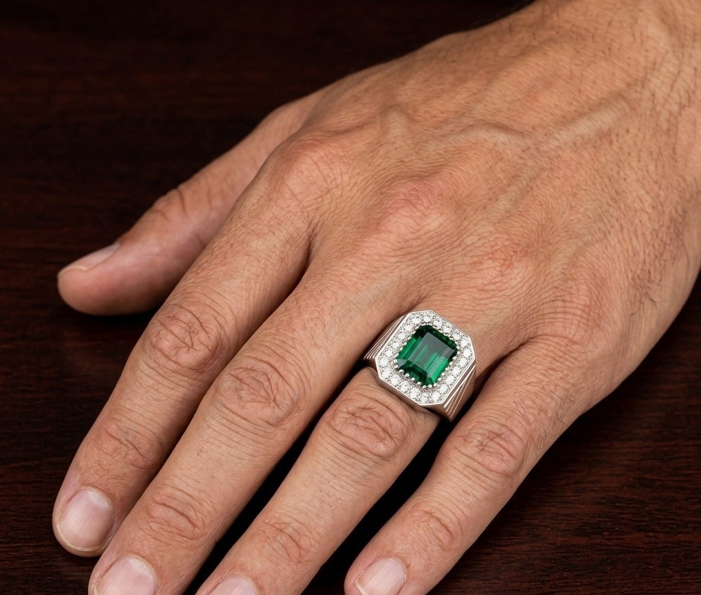 Emerald Cut Lab-Created Emerald Ring, Sterling Silver Statement Halo Jewelry