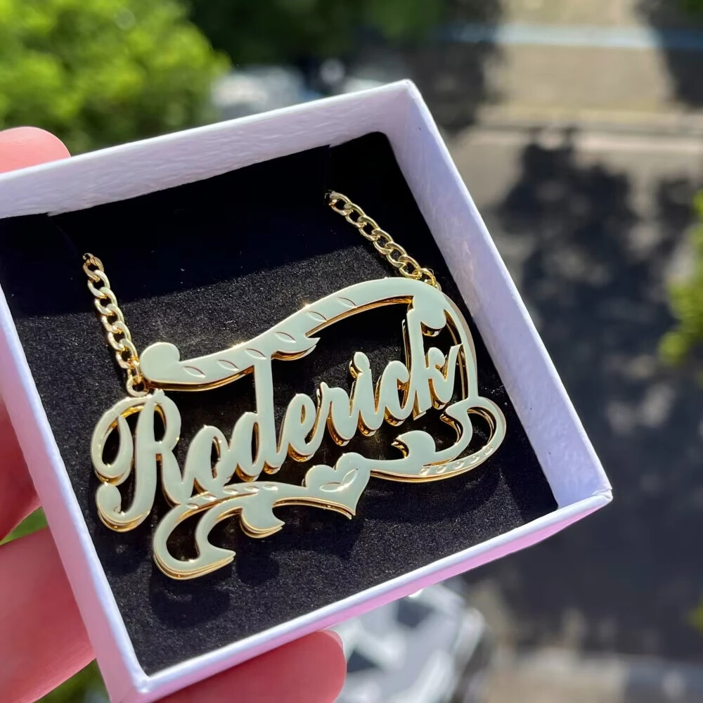 Custom Name Heart Cuban Chain Necklace Pendant Cursive Jewelry Gold Silver Gift