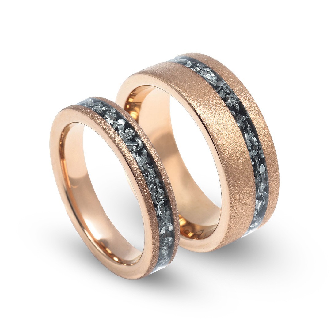 Celestial Union – Meteorite Couples Wedding Rings, Rose Gold Matching Bands