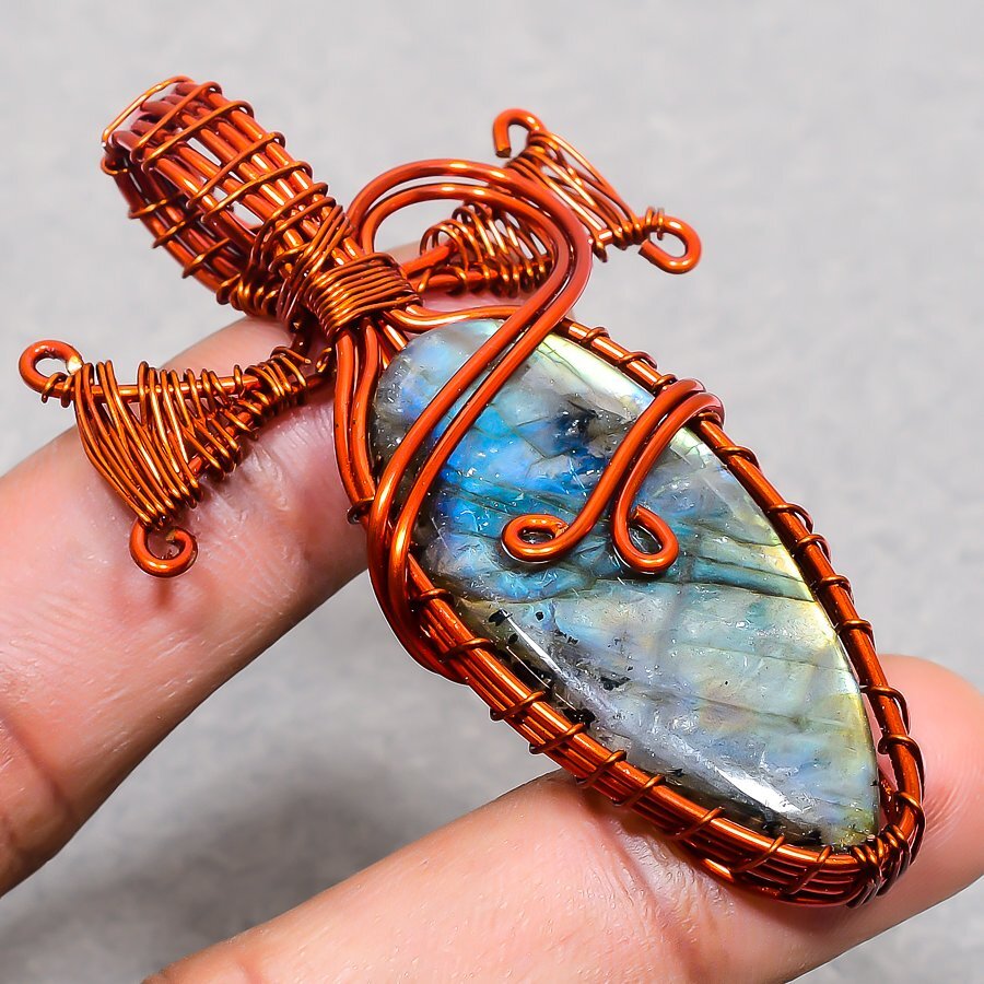 Blue Fire Labradorite Gemstone Copper Pendant Handmade Wire Wrap Jewelry 2.5″ Y9