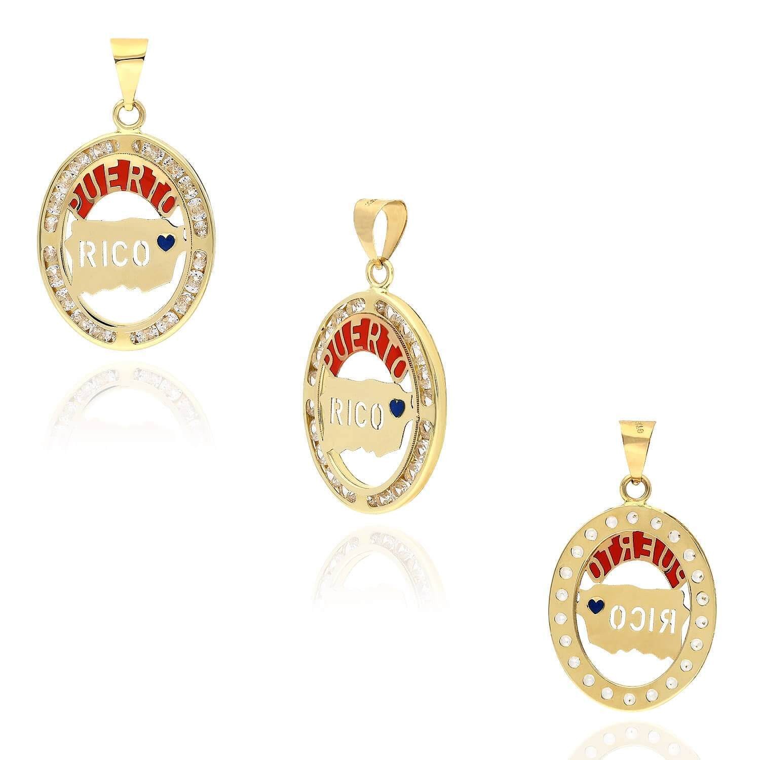 10K Yellow Gold CZ Enameled Puerto Rico Map Oval Shape Disc Pendant