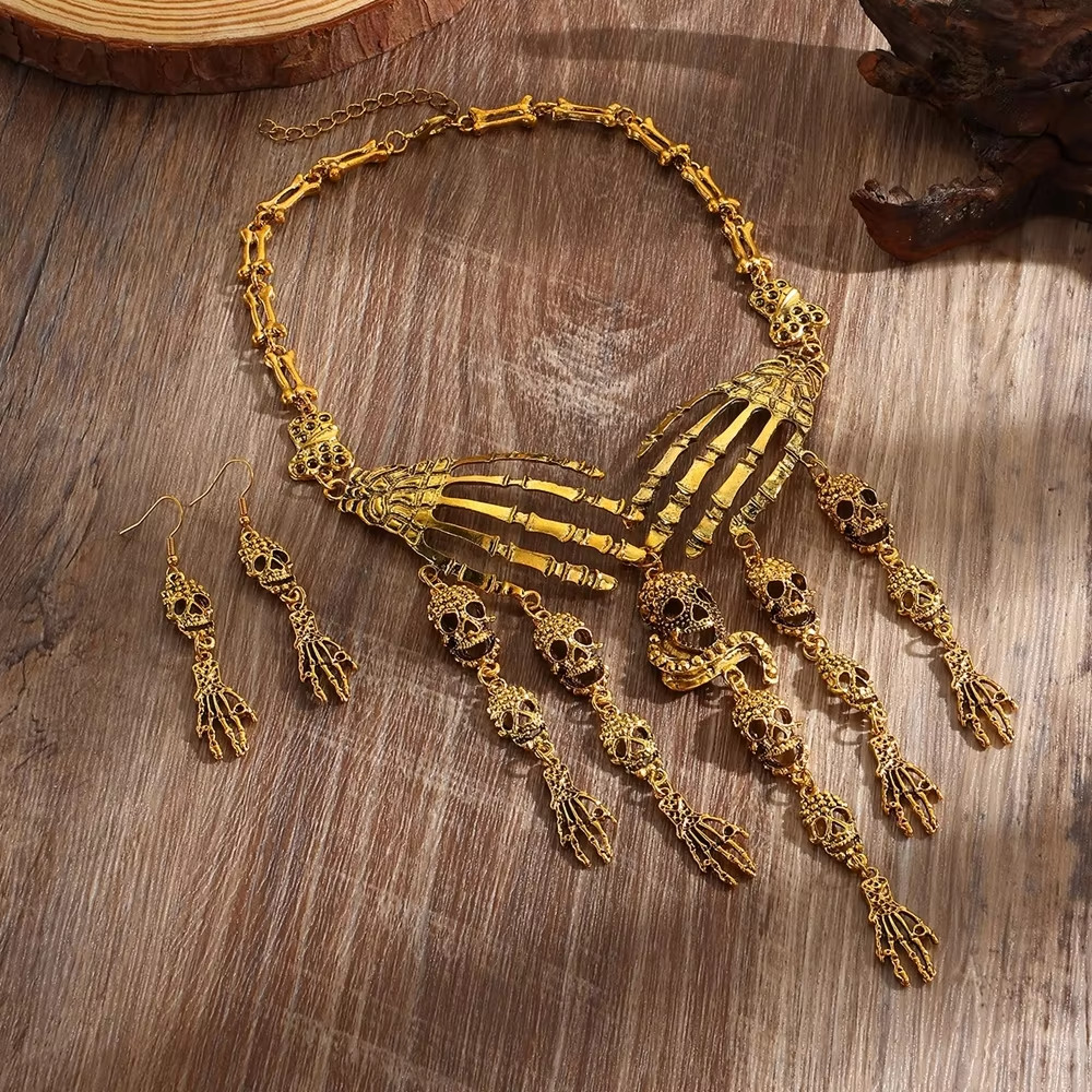 Gothic Punk Skeleton Hand Skull Jewelry Set Vintage Statement Necklace Earrings