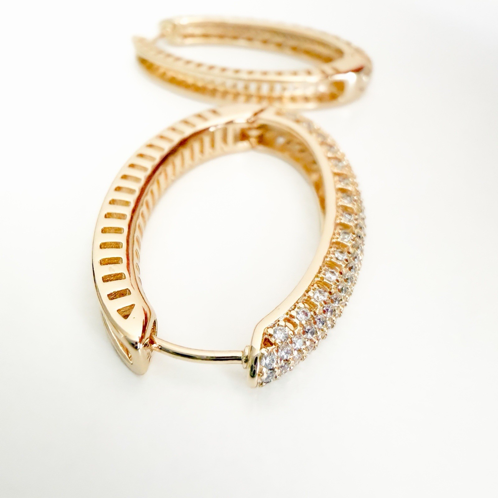 Gold Plated Pavé White Crystal Huggie Hoop Earrings Snap Closure Lobe