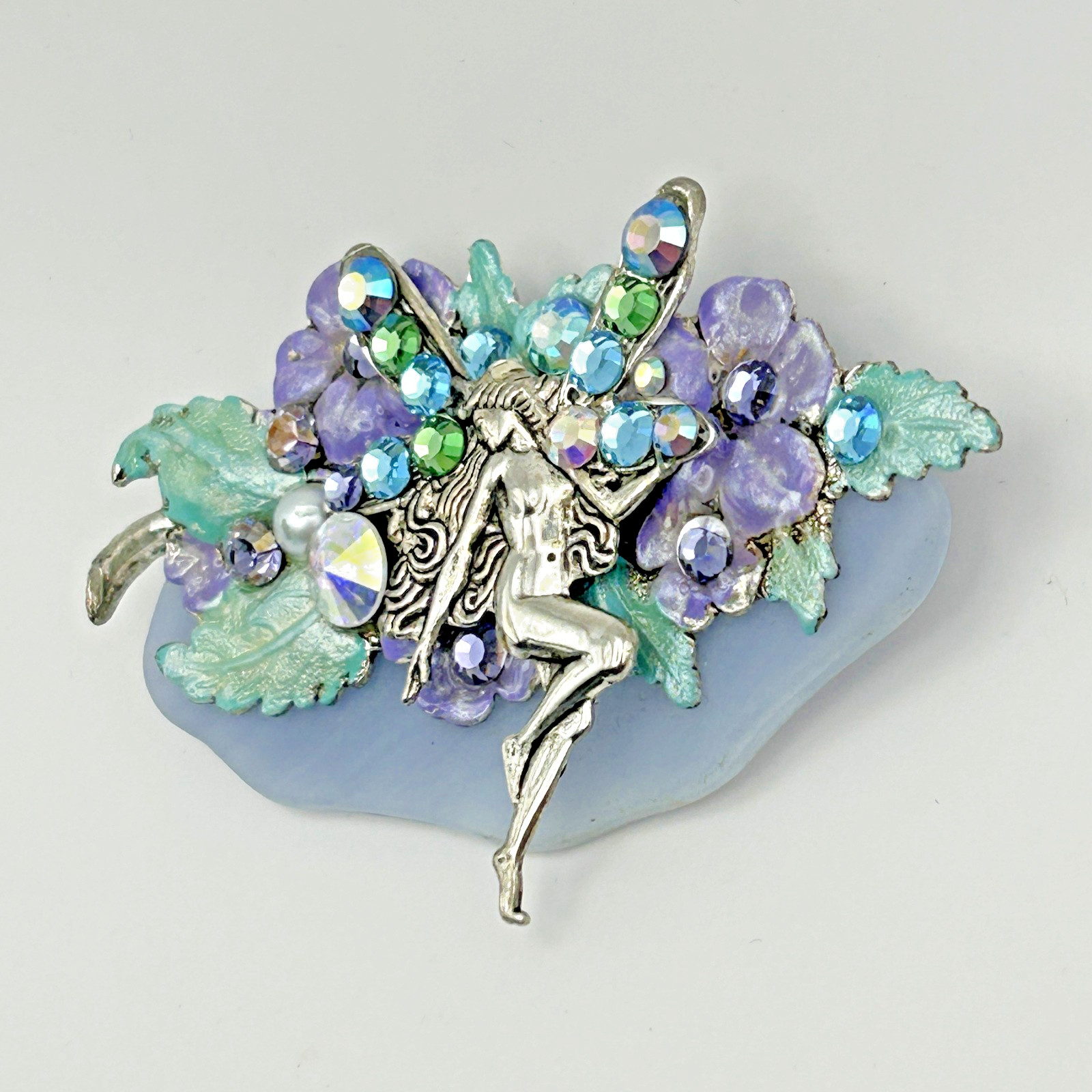 Fantasy Fairy Brooch AB Rhinestone Wings Flowers Leaves Whimsical Jewelry 2.5in