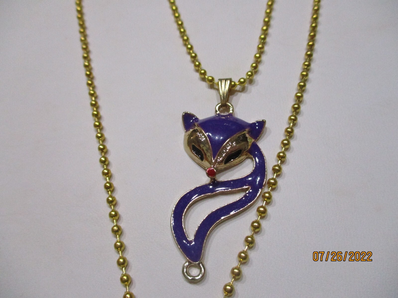 2 pcs cute Enamel Fox 1 black 1 purple w/ red nose pendant 22” goldtone chain