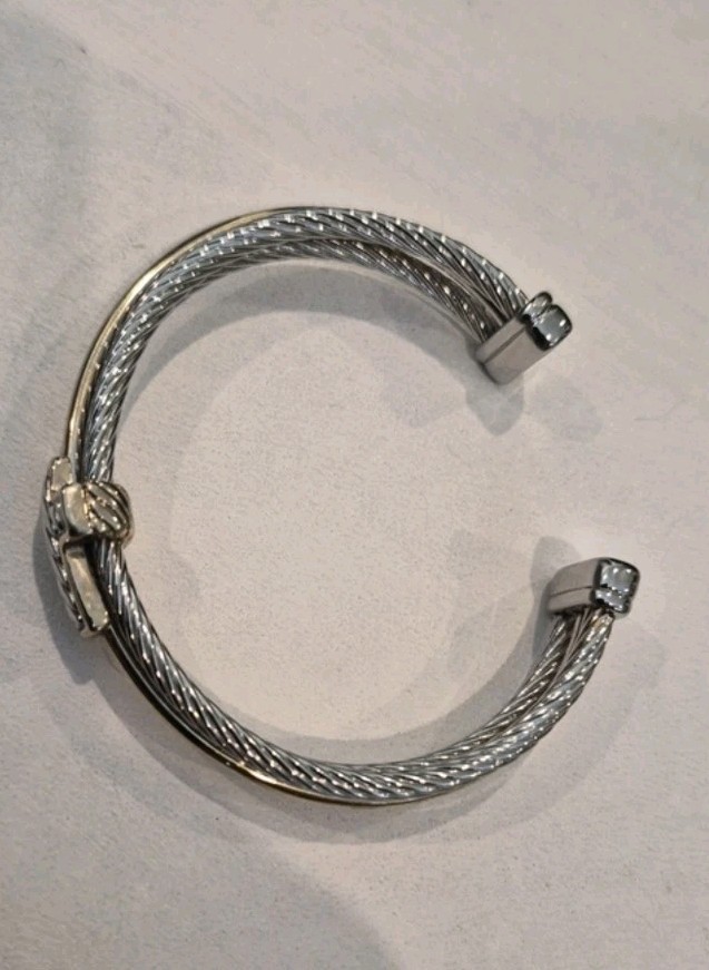 Non-Magnetic Silver & Gold Tone Twisted Metal Cross Detail Cuff Bracelet
