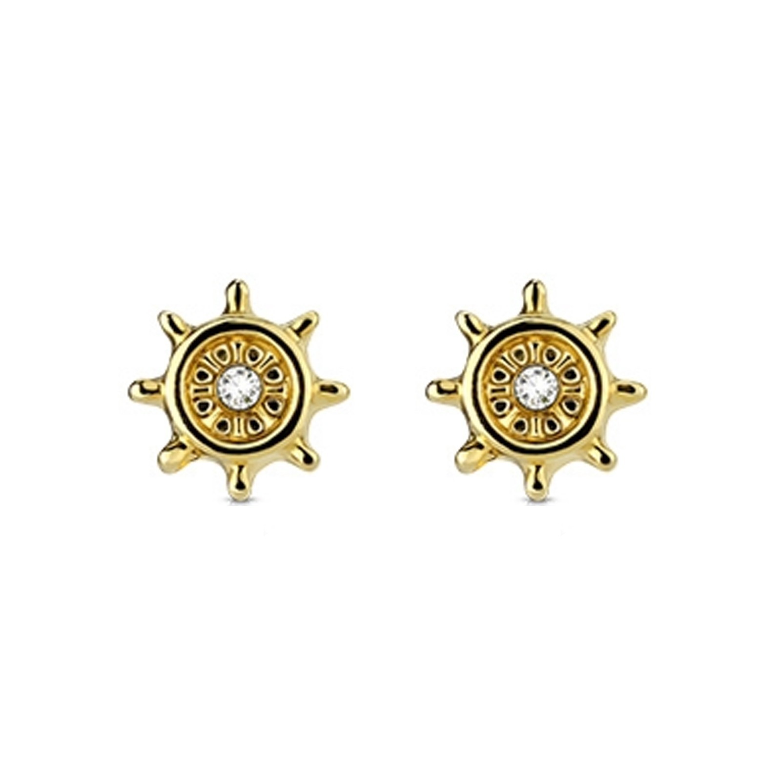 14K Gold Plated 316L Surgical Steel Ship Wheel Stud Earrings 1 CZ Hypoallergenic