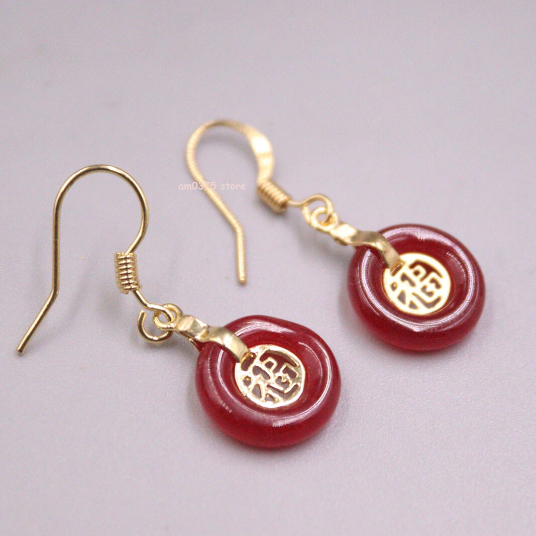 Gold Plated Alloy Handmade Red Jade Round Fu Earrings Dangle Hook