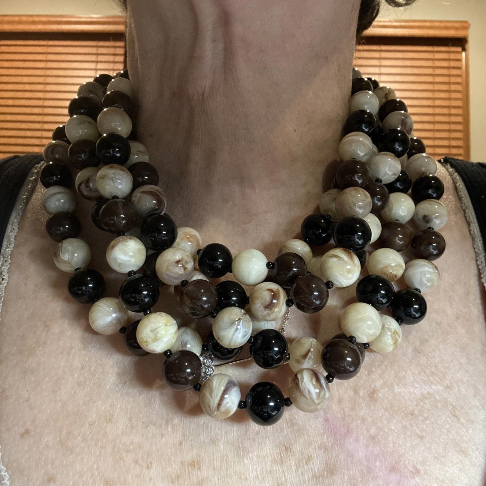 Angela Caputi Huge Multi Strand Black Brown Beige Beads Resin Necklace 18”