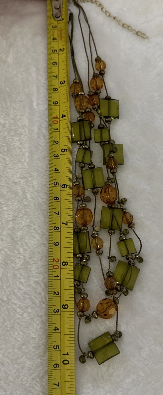 Layered Necklace Multi Strand Beaded Olive Peach Brass Color Chain Square 10”