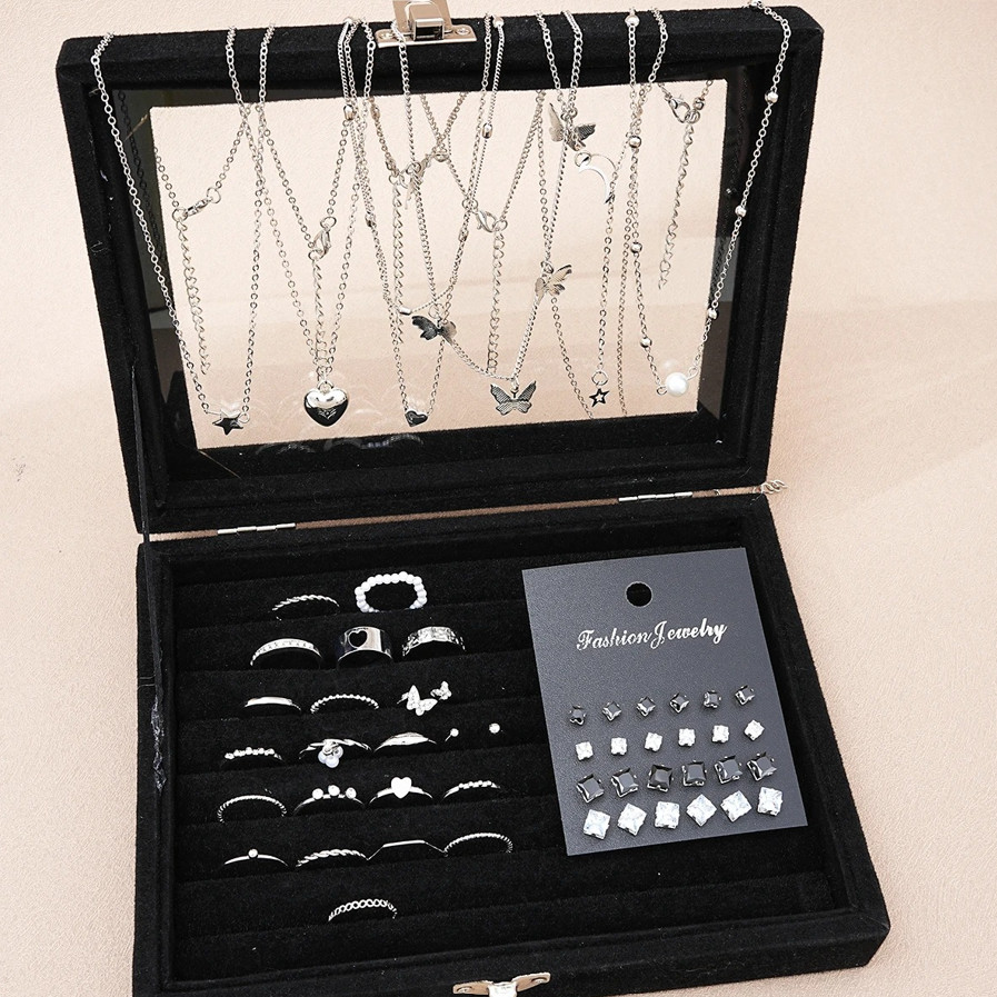 51pcs Silver Color Jewelry Set – Butterfly & Heart Style Fashion Accessories