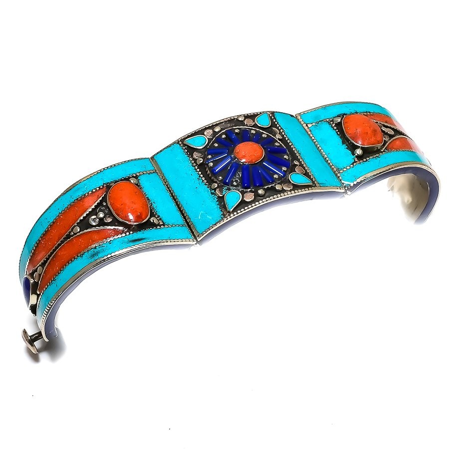 Coral Lapis Lazuli Turquoise Cuff Handmade Latest Vintage Nepali Jewelry NC 750