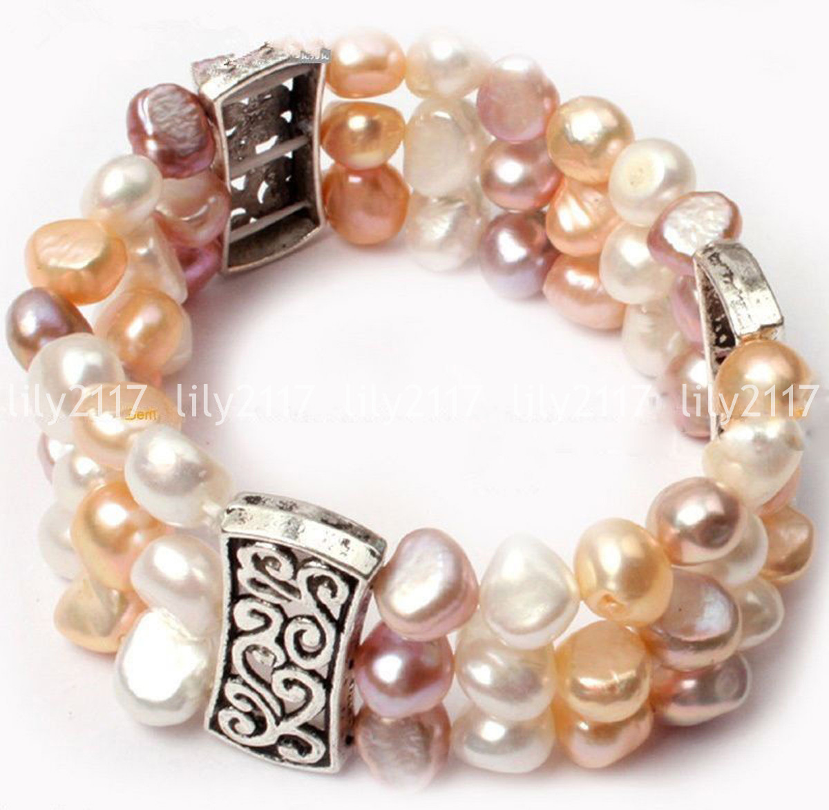 3rows Natural White Pink Purple 8-9mm Freshwater Pearl Stretch Bracelet 7.5”