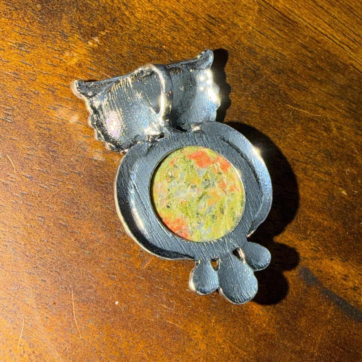 Unakite Owl Pendant Silver Tone Metal Round Bezel 1.75 in