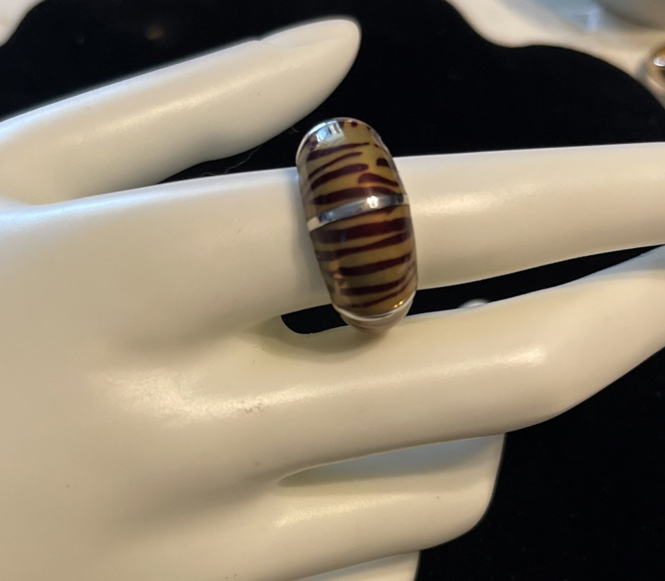 Camille Lucie Tiger Stripe Dome Ring Sz 9 Silver Tone Metal Enamel Animal Print