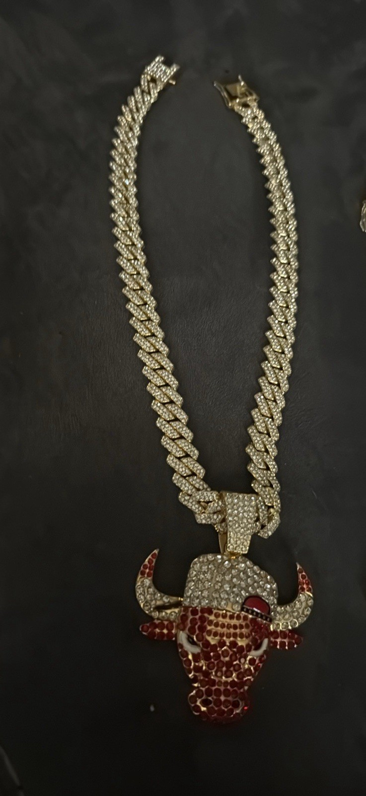Gold Tone Cuban Link Necklace w/ Pavé CZ Rhinestone Bull Charm Pendant Box