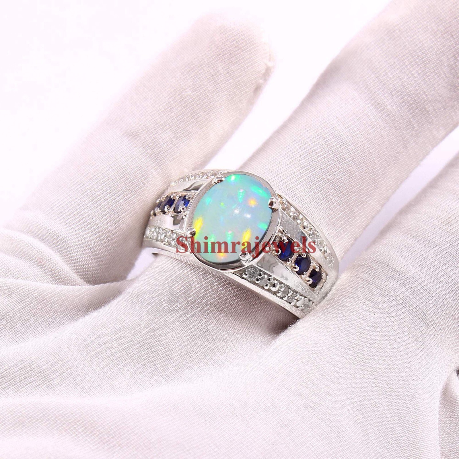 Natural Opal & Heated Sapphire With 925 Sterling Silver Ring for Men’s #1137